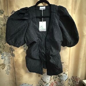 Ganni Black Crinkled Puff Sleeve Top